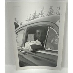 Vintage 1950s Man in Classic Car Photo Black & White Snapshot